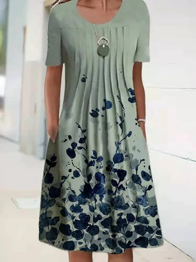 Floral Print Round Neck Pullover Midi Dress
