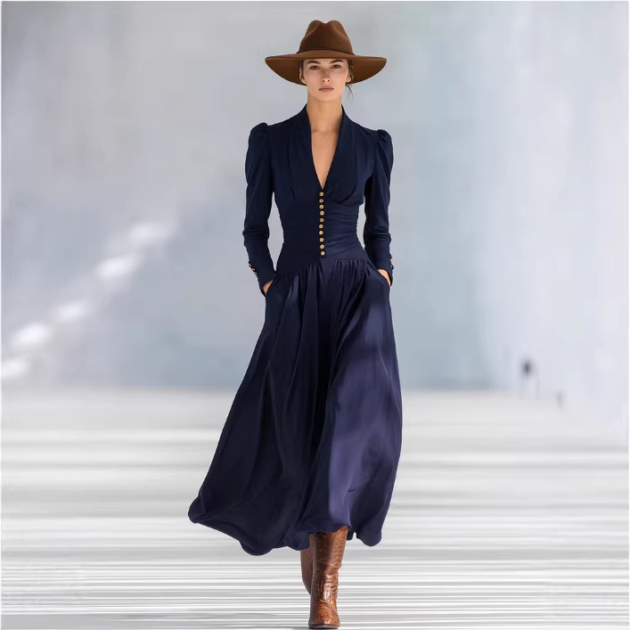 Elegant Button-Trim V-Neck Long Sleeve Maxi Dress