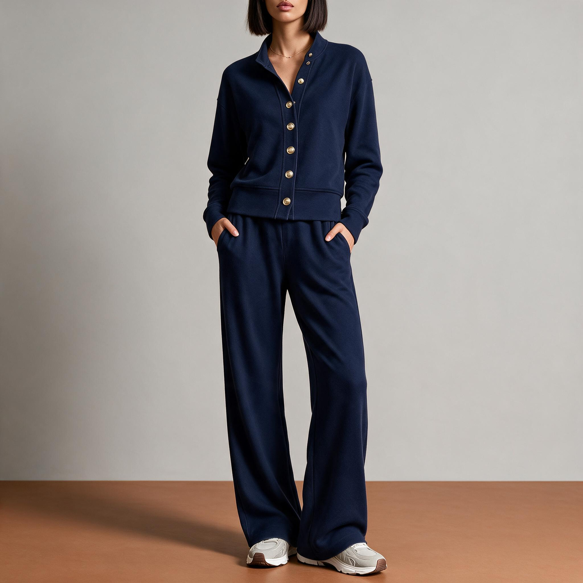 Women's Solid Stand-Collar Cardigan Hoodie & Wide-Leg Pants Set