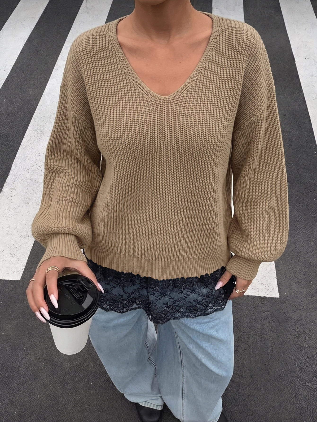 Women's Lace-Trim Faux-Layer Knit Sweater