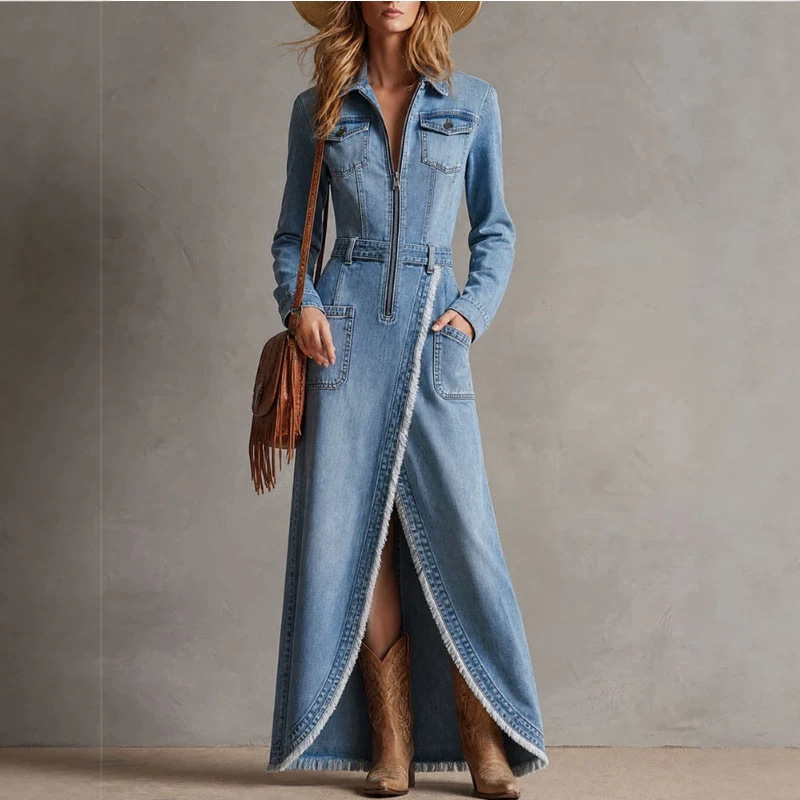 Elegant Vintage Blue Denim Zip Long Sleeve Slit Faux Fur Trim Maxi Dress