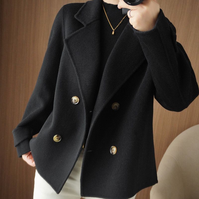 Women's Wool-Blend Short Coat with Suit Collar, Loose Fit