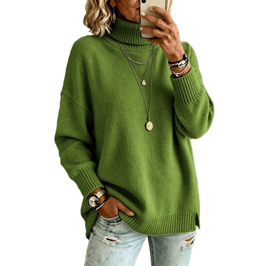 Women's Lazy Pure Color Elegant Slit Loose Turtleneck Knit Sweater