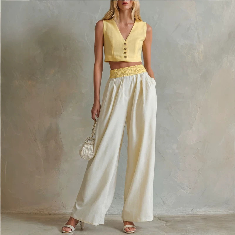 Retro Yellow Sleeveless Vest and Off-White Wide-Leg Pants Set