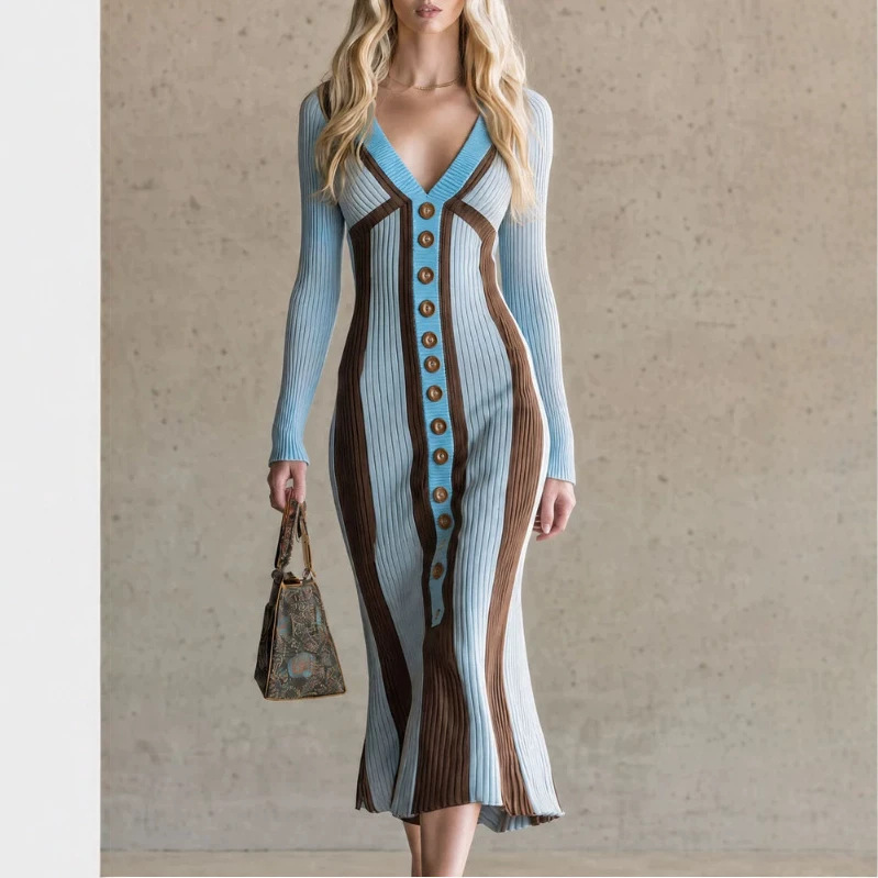 Retro Elegant Blue Color-Block V-Neck Long Sleeve Mermaid Midi Dress