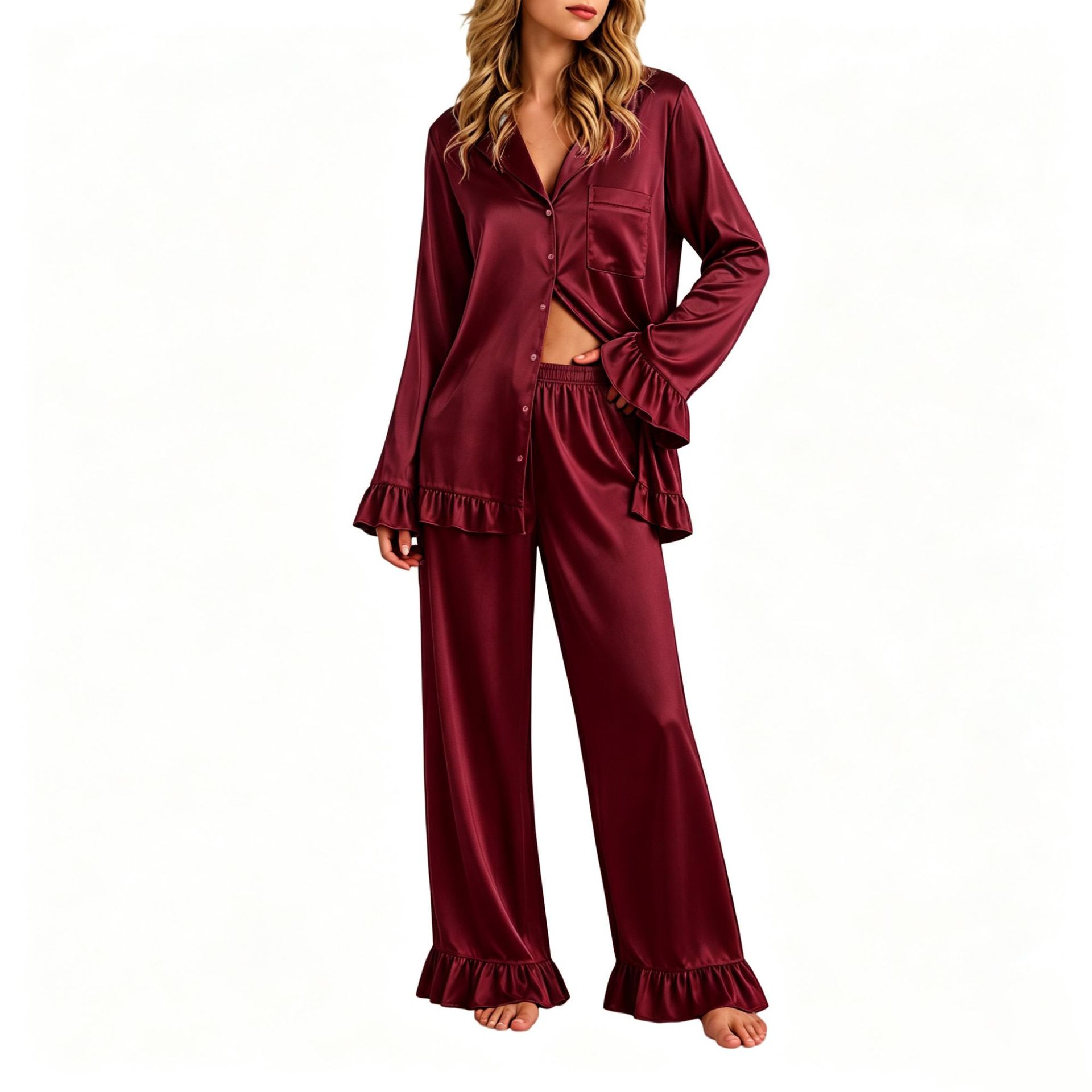 Women's Ruffle Collar Cardigan and Pants Loungewear Set Long Sleeve