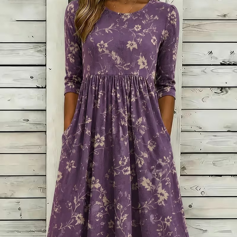 Women's Vintage Floral Print Pleated Midi Dress