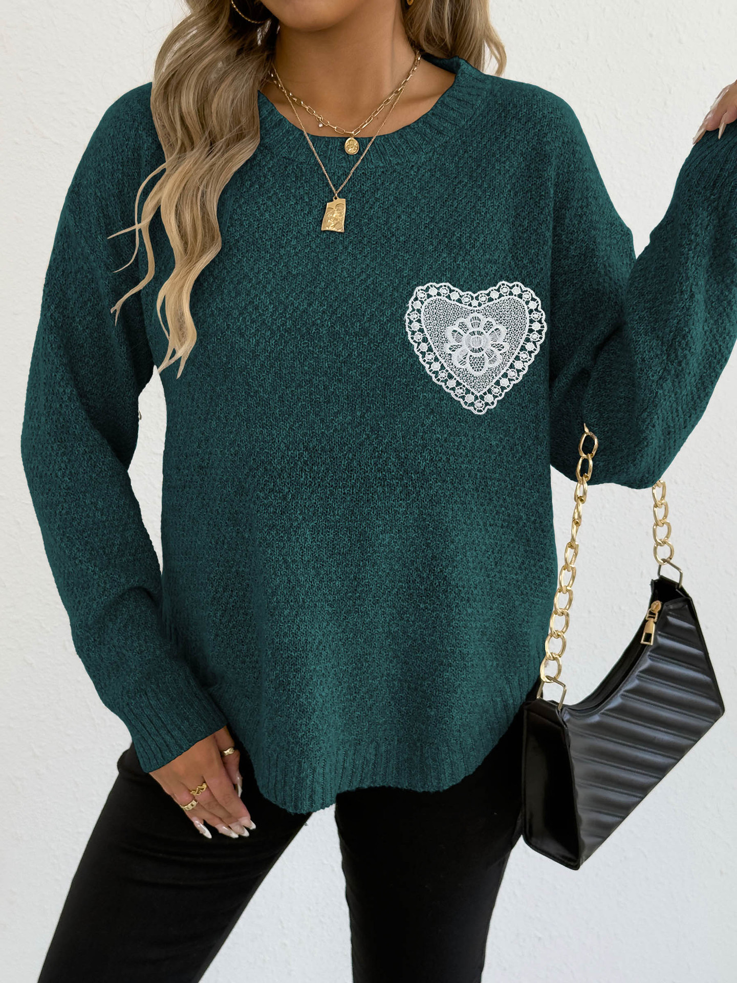 Women's Hollow Lace Pocket Faux Fur Knit Pullover Sweater Crew Neck