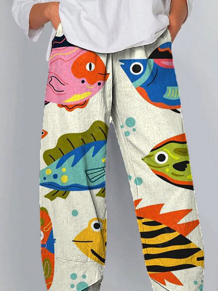 Women's Striped Fish Print Jogger Pants Casual Tapered-Leg