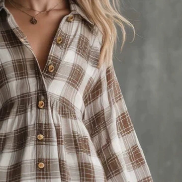 Retro Western Brown Plaid Short Sleeve Dress with Cinched Waist