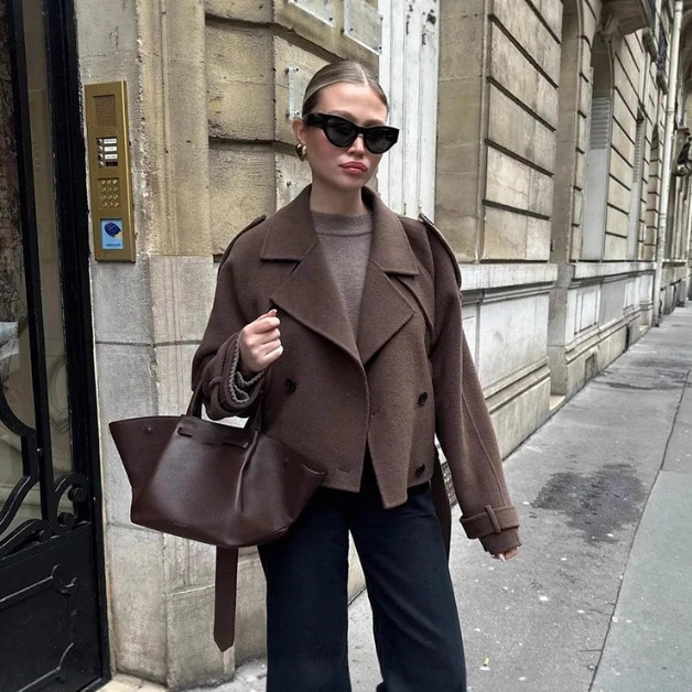 Women's Wool-Blend Blazer Coat with Sash Tie, Suit Collar, Long Sleeve, Dark Brown