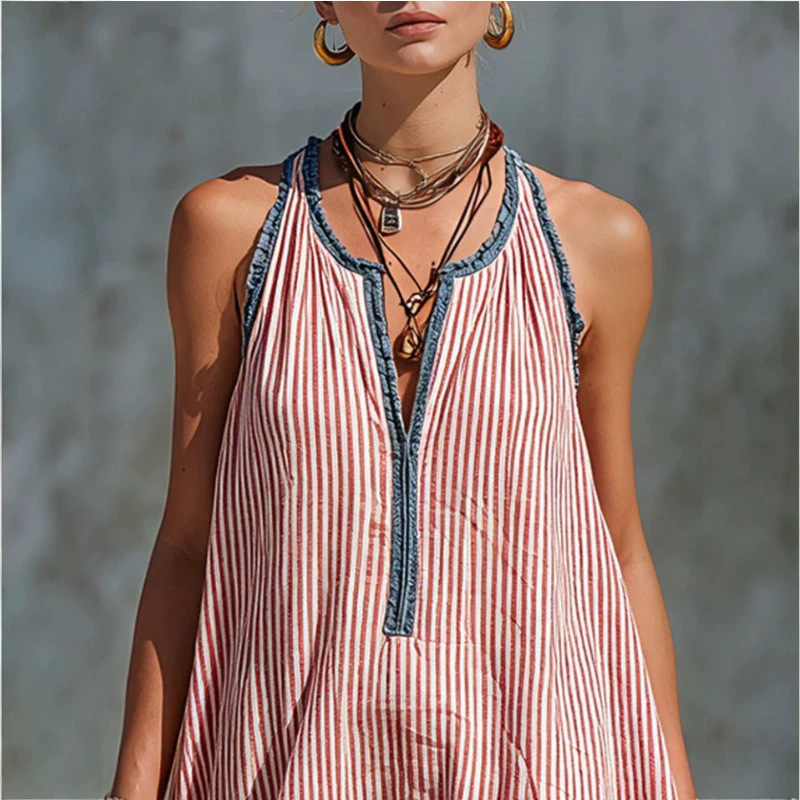 Red and White Striped Sleeveless Mini Dress