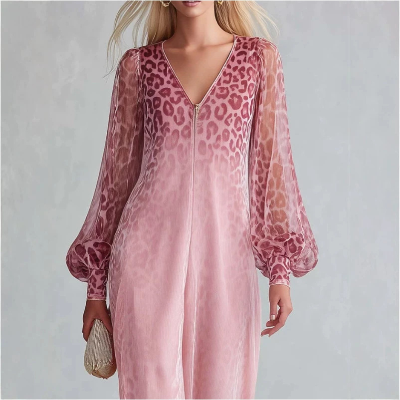 Elegant Gradient Leopard Print Zip-Front V-Neck Long Dress