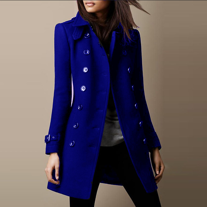 Women's Faux Wool Coat with Stand Collar and Double-Breasted Front, Loose Mid-Length Fit