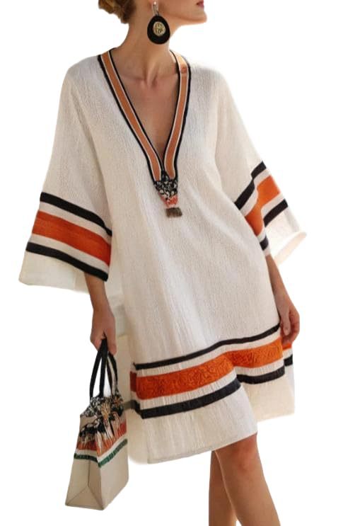 Women's Striped Floral Print Midi Dress Deep V-Neck Sleeveless Slim Fit