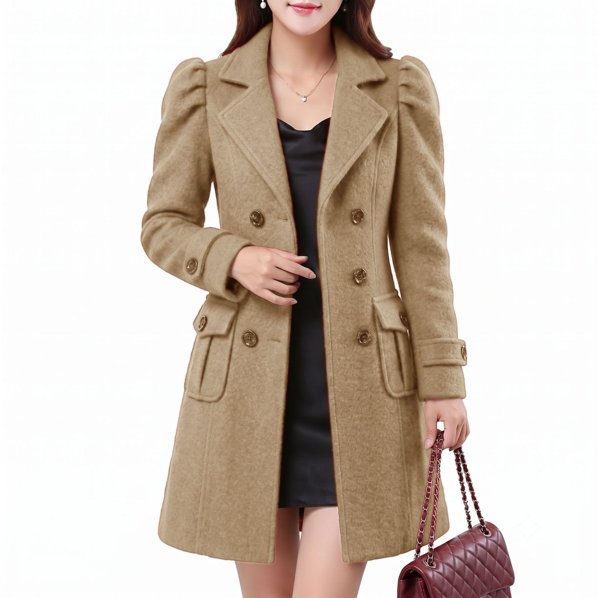 Women's Double-Breasted Wool-Blend Trench Coat Casual Long Outerwear