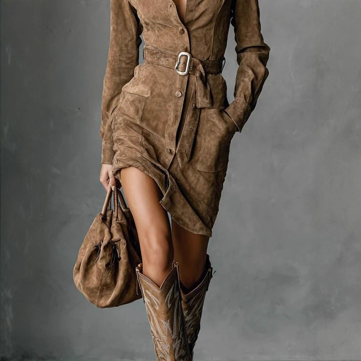 Women's Retro Solid Tie-Waist Collared Dress