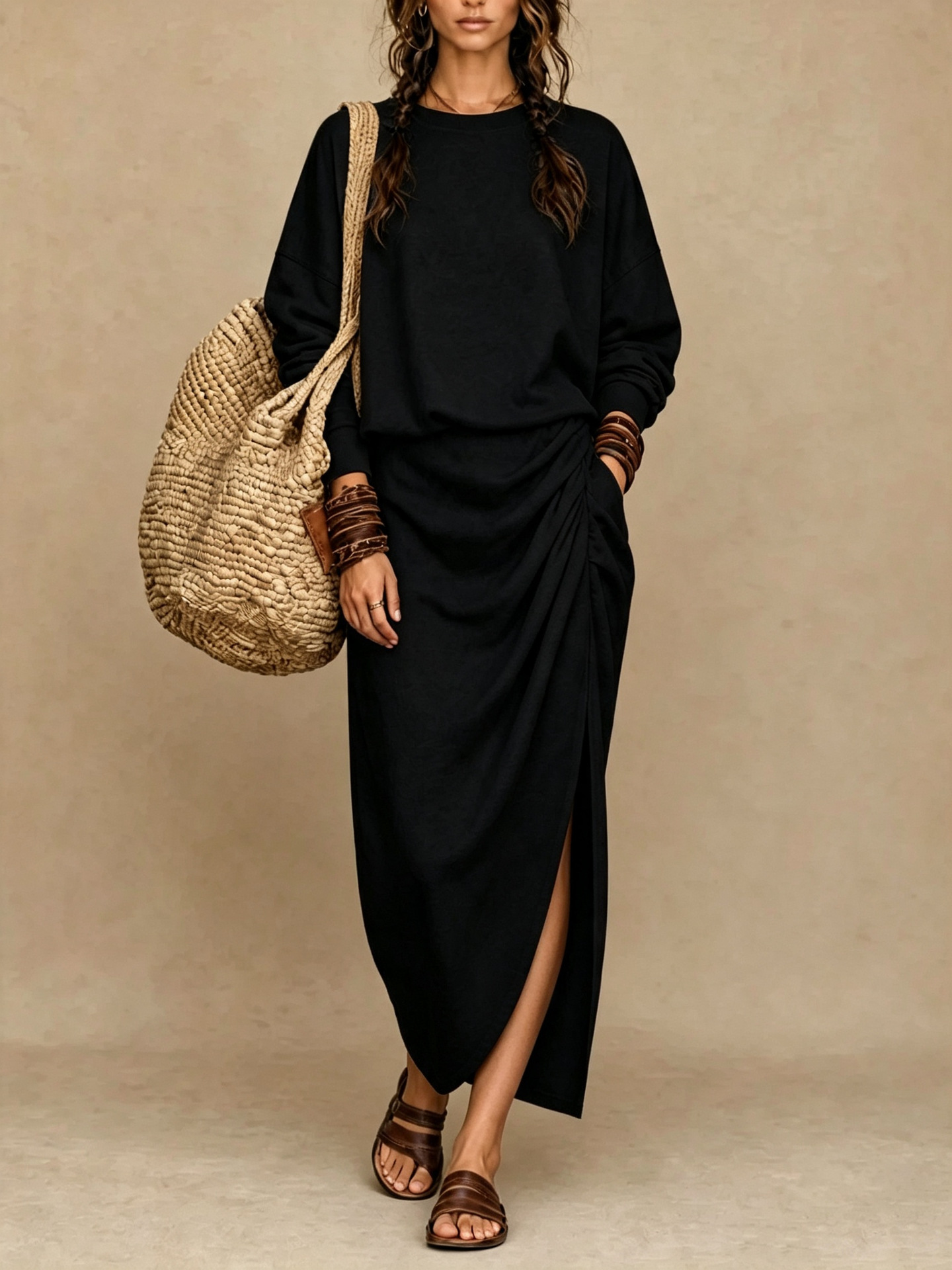 Women's Long Sleeve Crewneck Ruched Slit Knit Loose Casual Dress