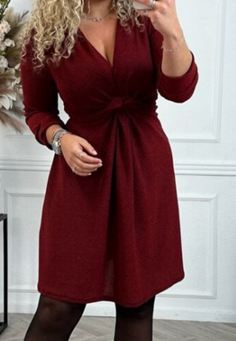 V-Neck Long Sleeve Tie-Waist Midi Dress
