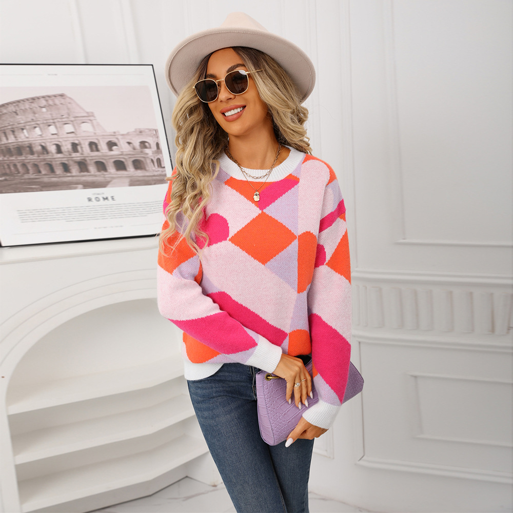 Women's Checkered Heart Crewneck Knit Sweater