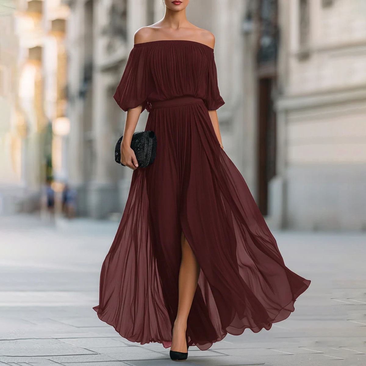 Off-Shoulder Ruched Solid Color Long Dress