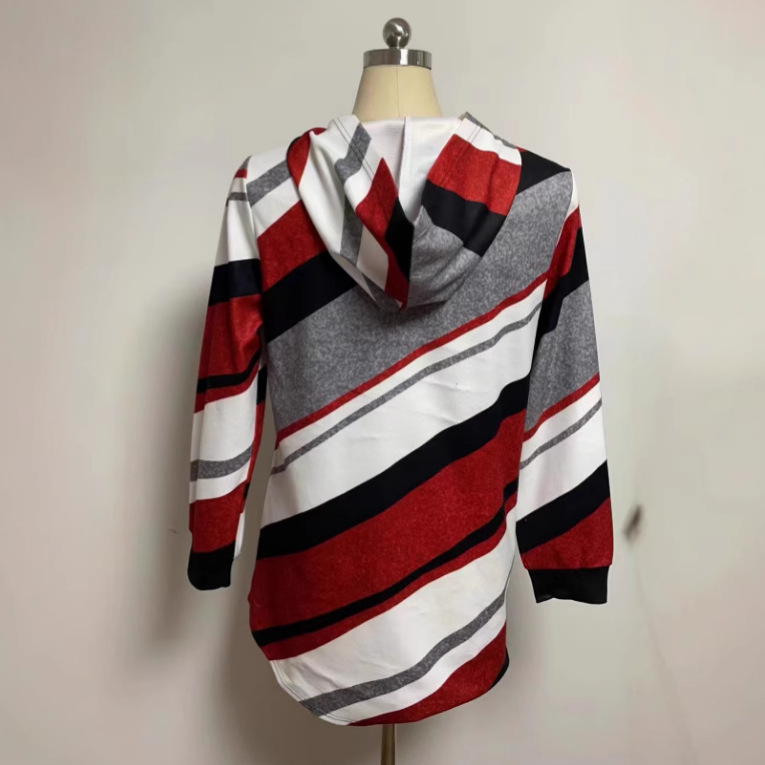 Women's Loose Striped Hooded Zip-Up Long Sleeve Jacket