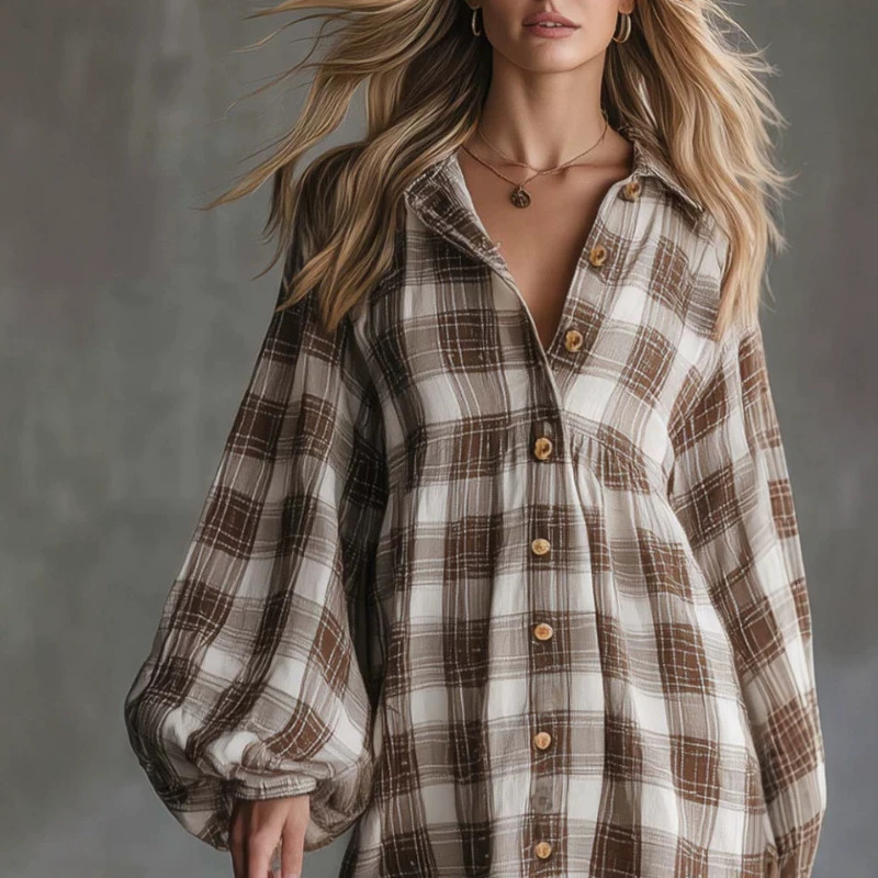 Retro Western Brown Plaid Short Sleeve Dress with Cinched Waist