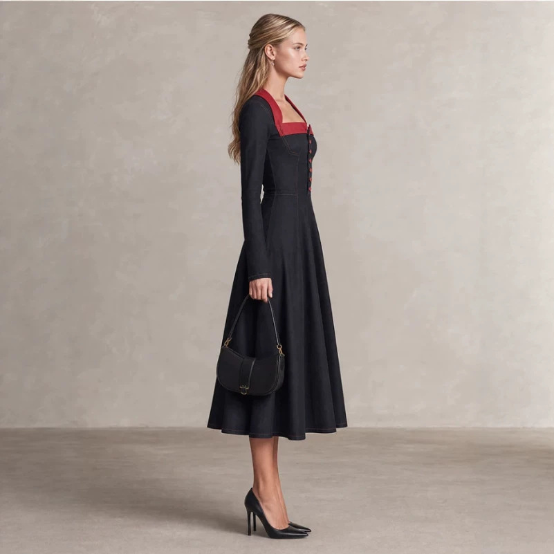 Black Denim Square-Neck Long Dress