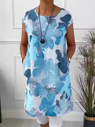 Floral Print Round Neck Loose Dress with Pockets