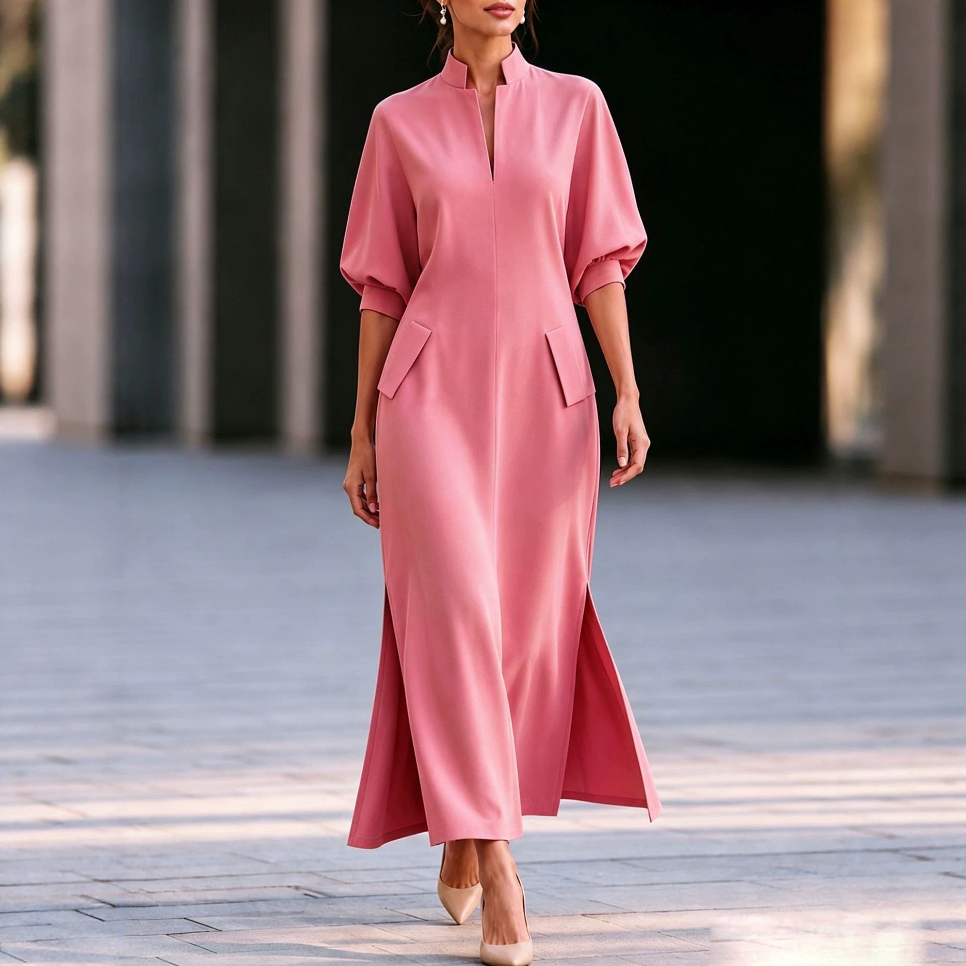 Elegant Stand Collar Lantern Sleeve Slit Midi Dress
