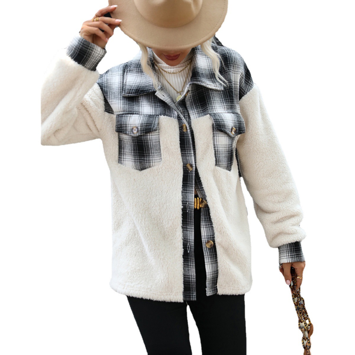 Women's Double-Faced Plaid Spliced Single-Breasted Cardigan Coat with Pockets Long Sleeve