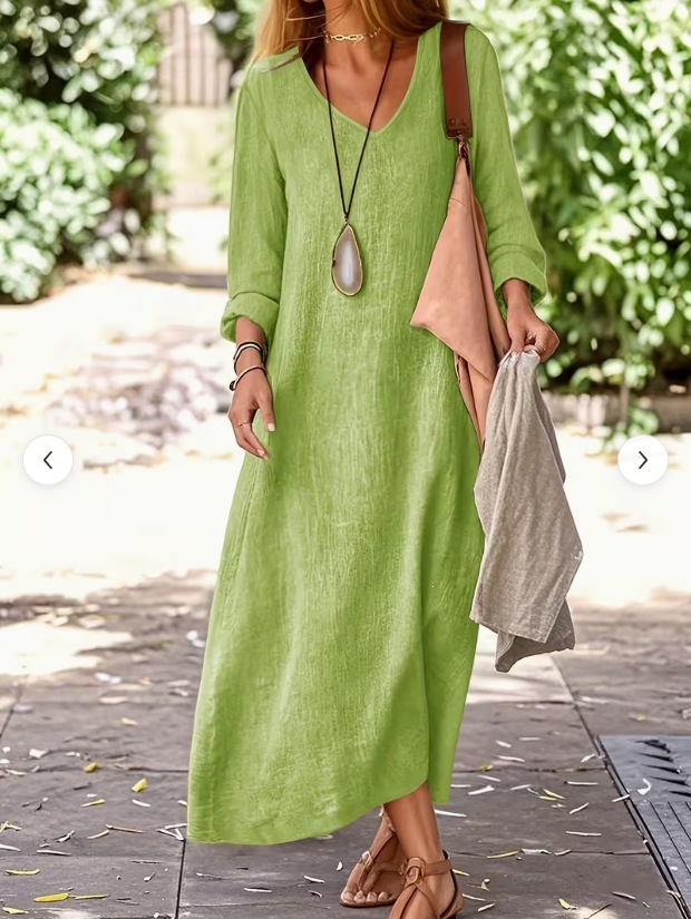Women's Solid V-Neck Loose Long Dress with Flared Hem