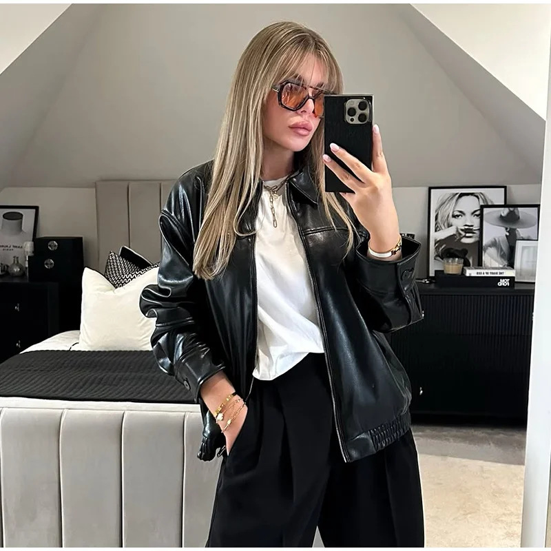 Faux Leather Bomber Jacket for Women