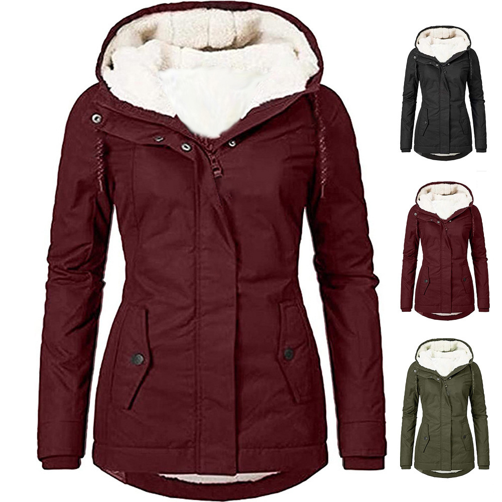 Women's Solid Hooded Zip Fleece-Lined Warm Padded Coat