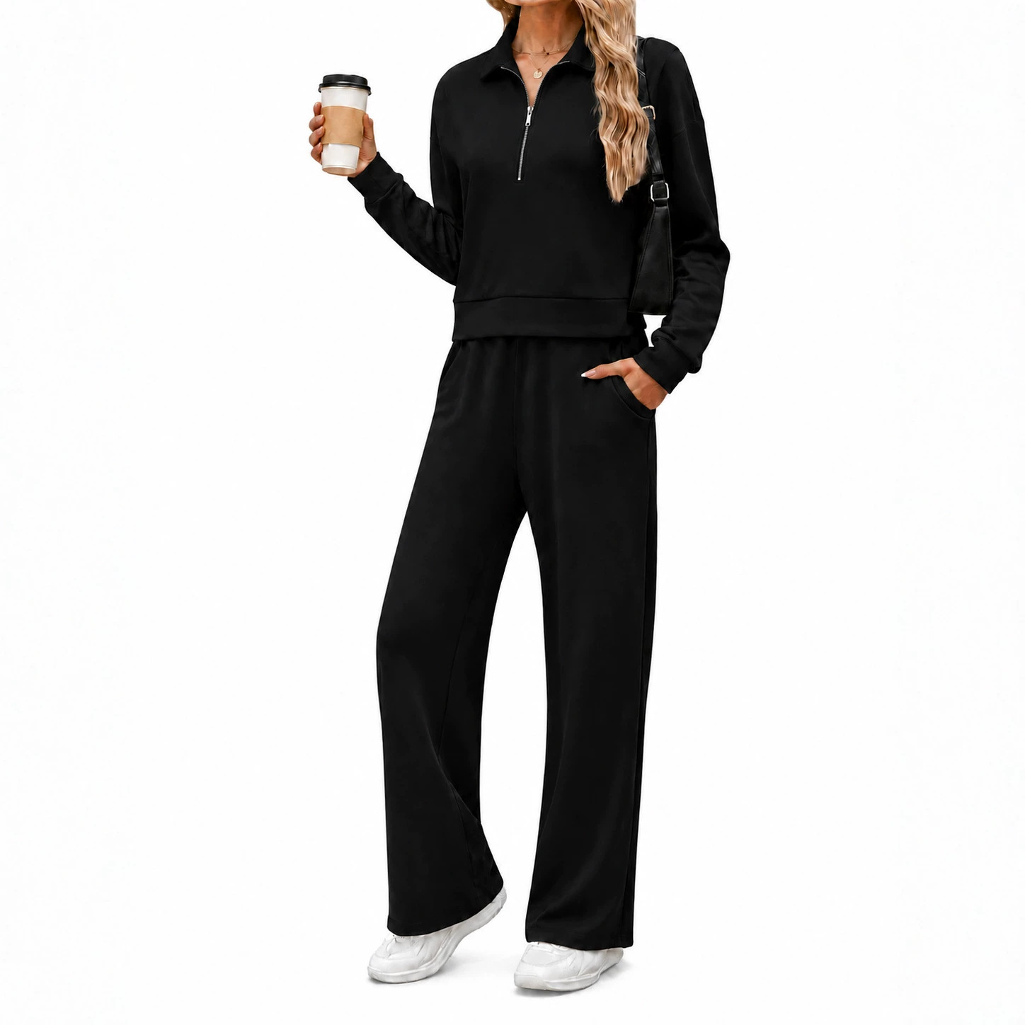 Women's Half-Zip Collared Sweatshirt & Wide-Leg Pants Set Casual Two-Piece
