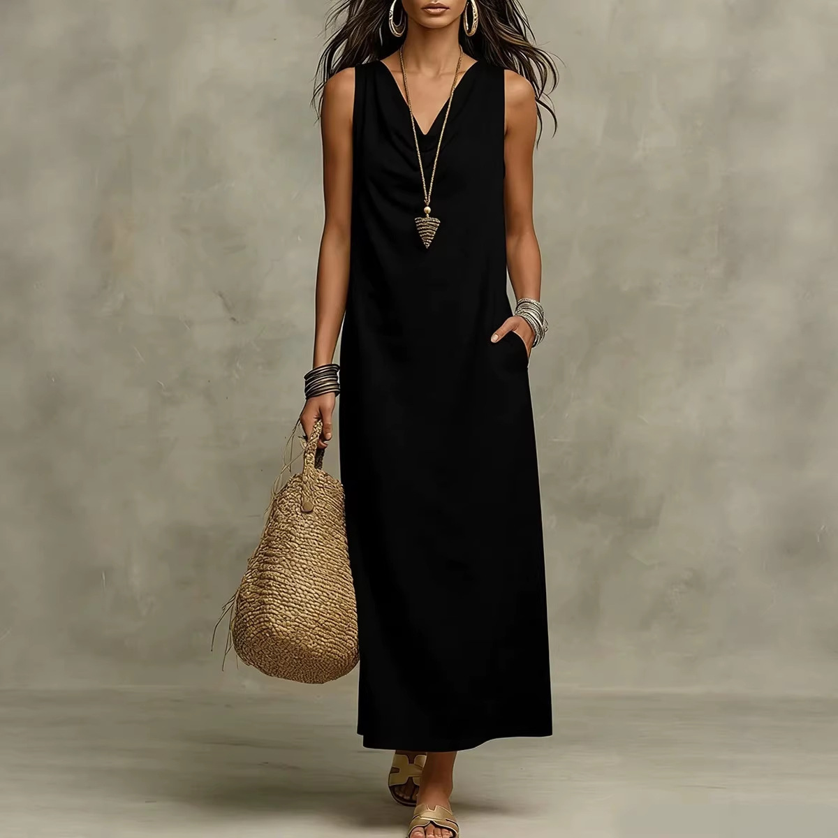 Women's Draped Neck Straight Loose Casual Dress