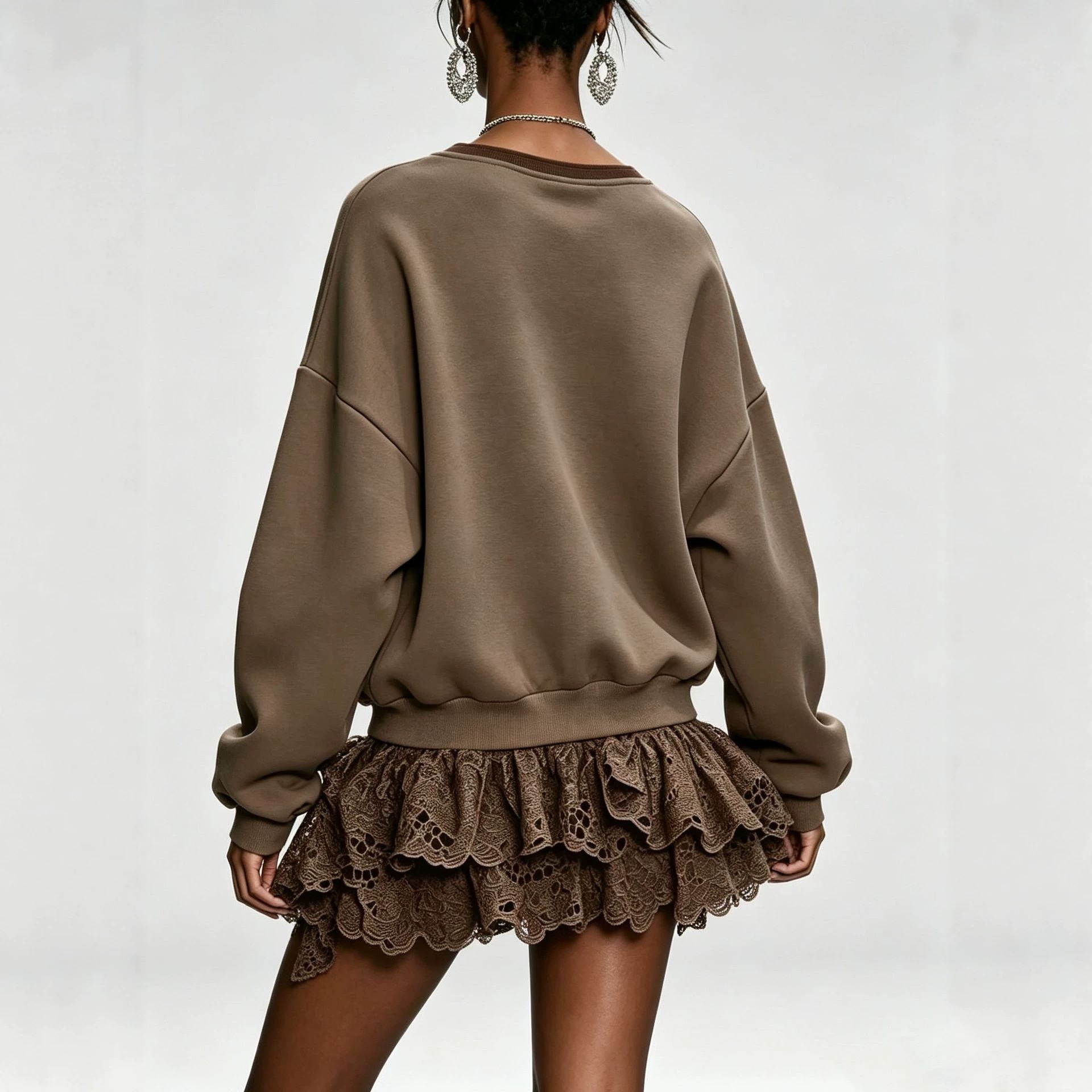 V-Neck Loose Knit Mini Dress with Lace Trim Long Sleeve