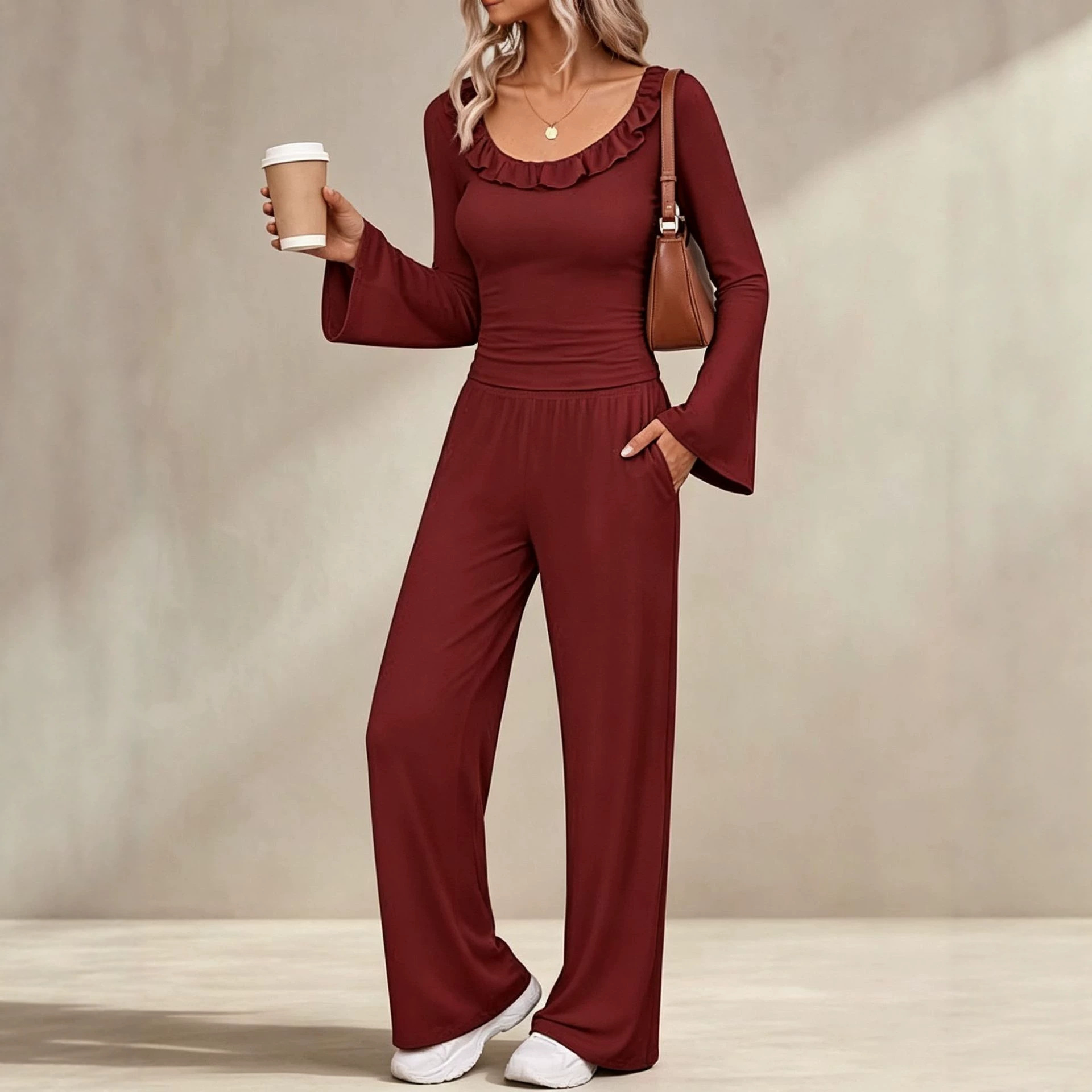 Women's Waist-Cinching Wide-Leg Pants Two-Piece Set
