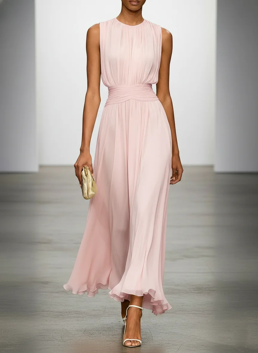 Sleeveless Solid Color Waist-Cinching Round Neck Back Zip Long Dress