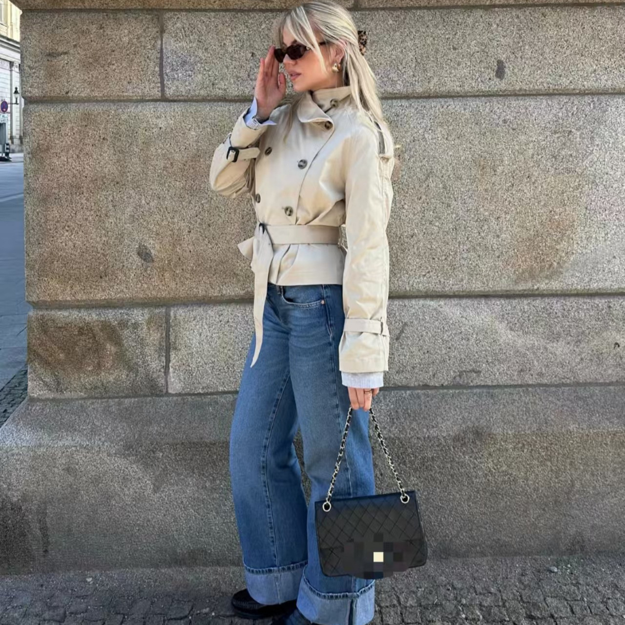 Women's Waist-Cinched Long-Sleeve Cropped Trench Coat with Belt