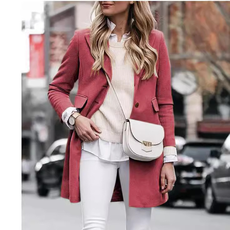 Women's Wool-Blend Coat Single-Breasted Suit Collar Mid-Length