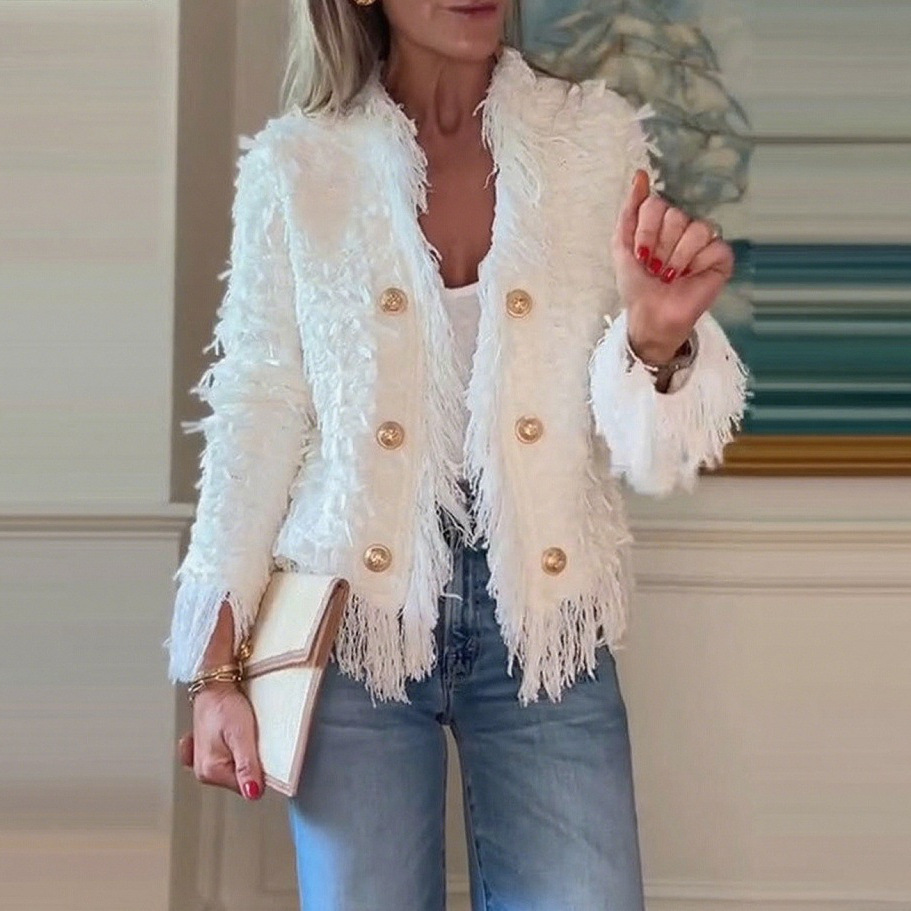 Elegant Fringe Metal Button Cardigan Jacket for Women