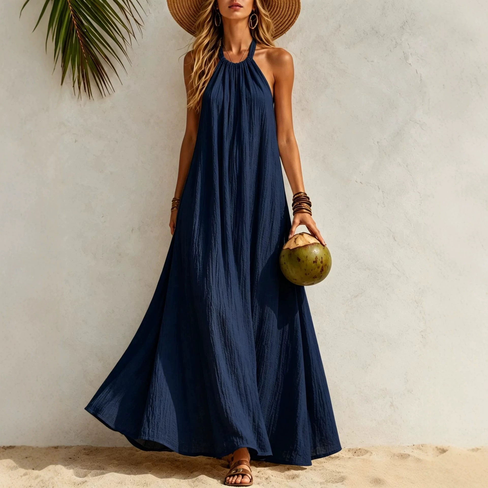 Women's Halter Neck Maxi Dress Loose A-Line Boho Beach Vacation Dress