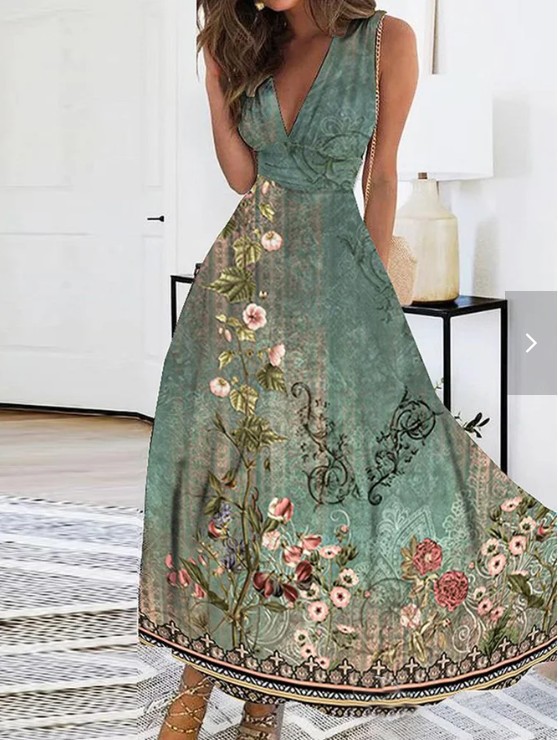 V-Neck High-Waist Sleeveless Floral Print Maxi Dress