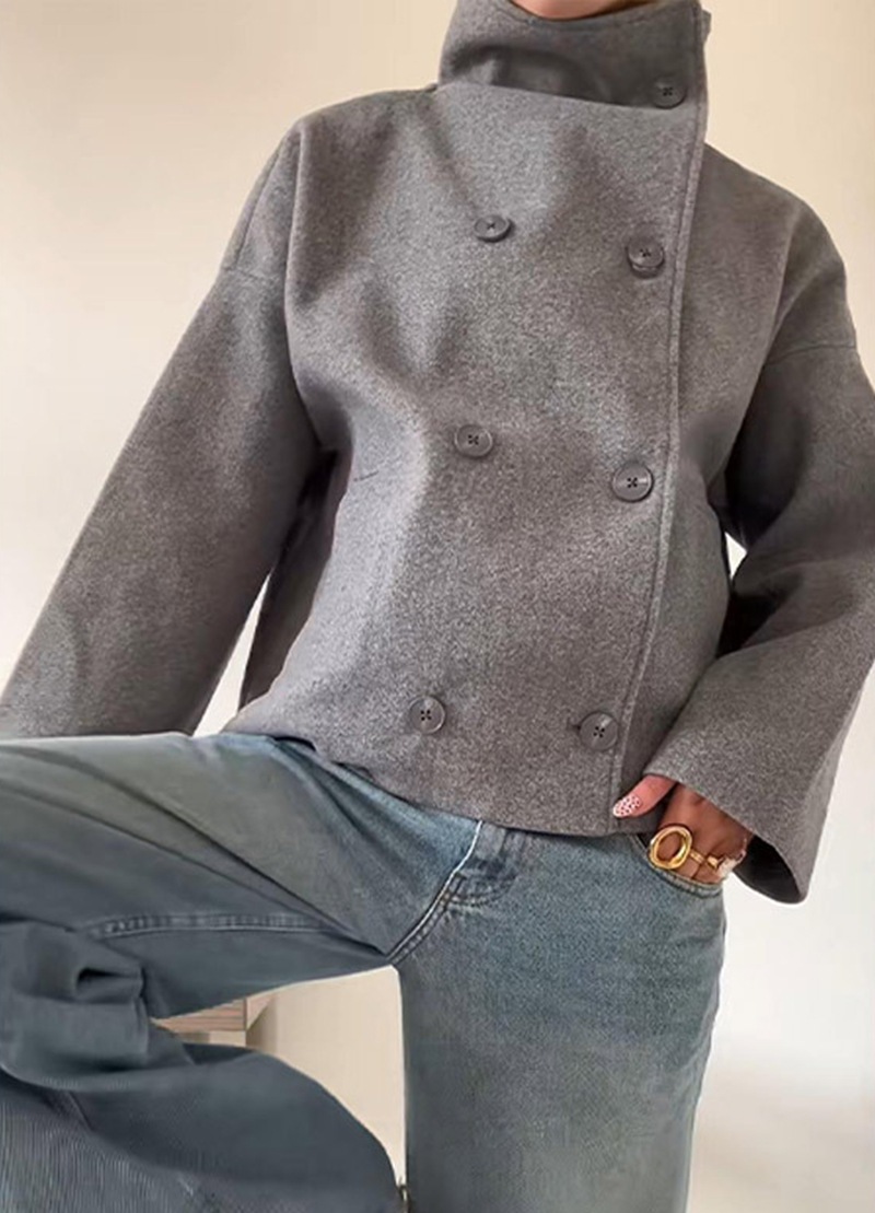 Women's Stand Collar Double-Breasted Long Sleeve Solid Wool Coat
