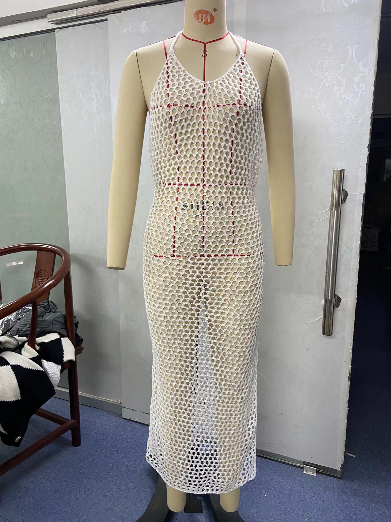 V-Neck Cutout Knit Bodycon Maxi Dress with Backless Design and Slit