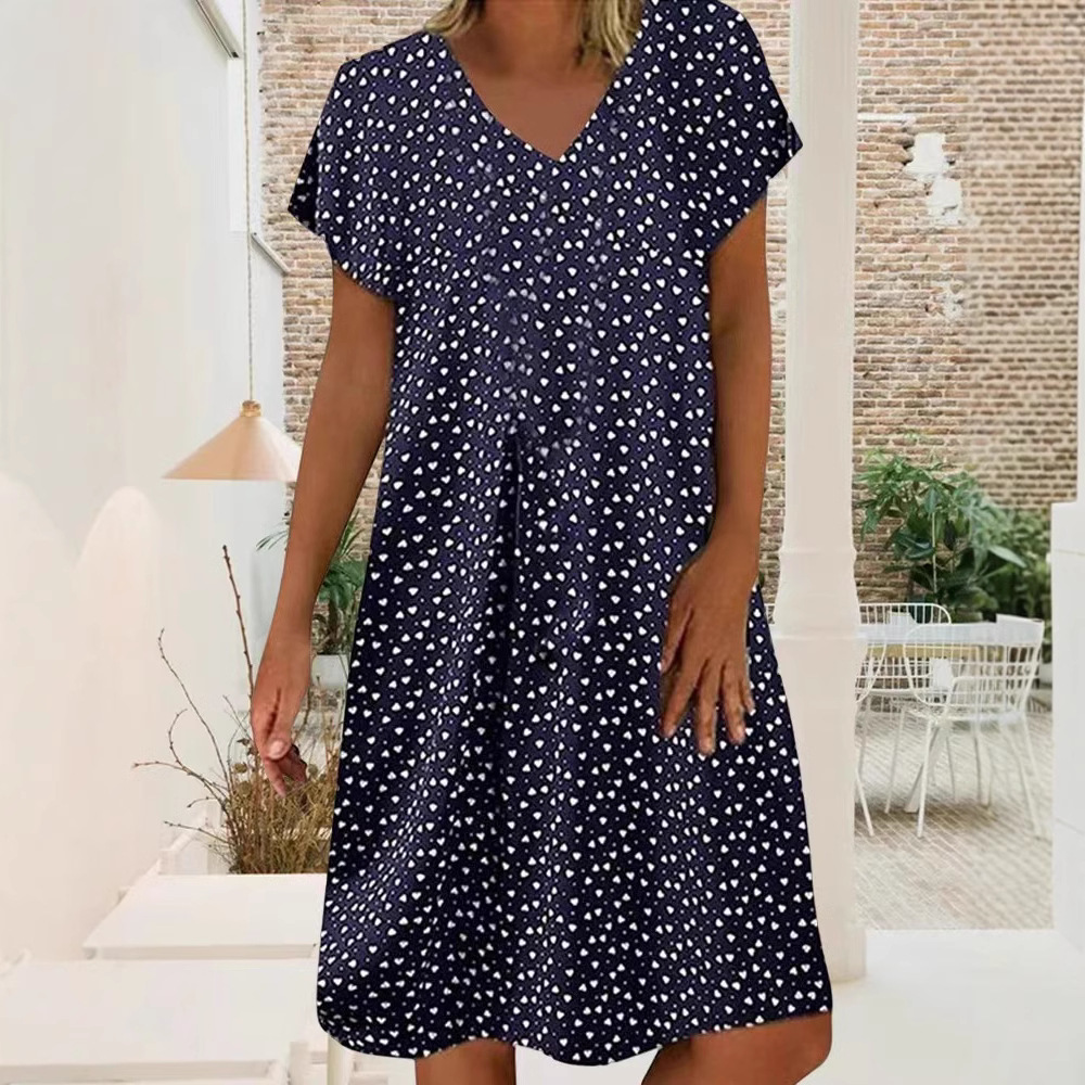 Casual V-Neck Short Sleeve Polka Dot Heart Print Midi Dress