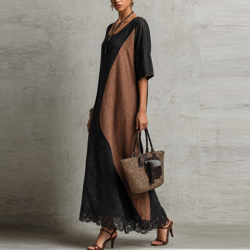 Women's Loose Casual Color-Block Long Dress