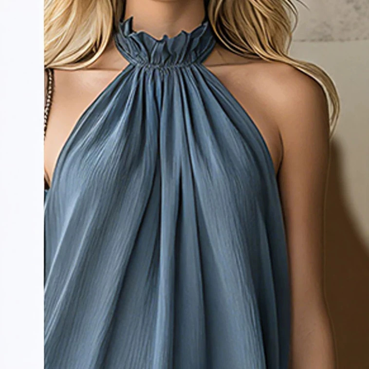 Retro Blue Sleeveless Ruffle Round-Neck Chiffon Mini Dress