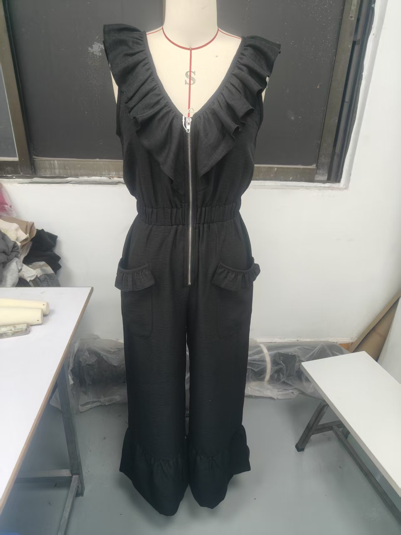 Bohemian V-Neck Ruffle Sleeveless Jumpsuit with Front Zip and Elastic Waist